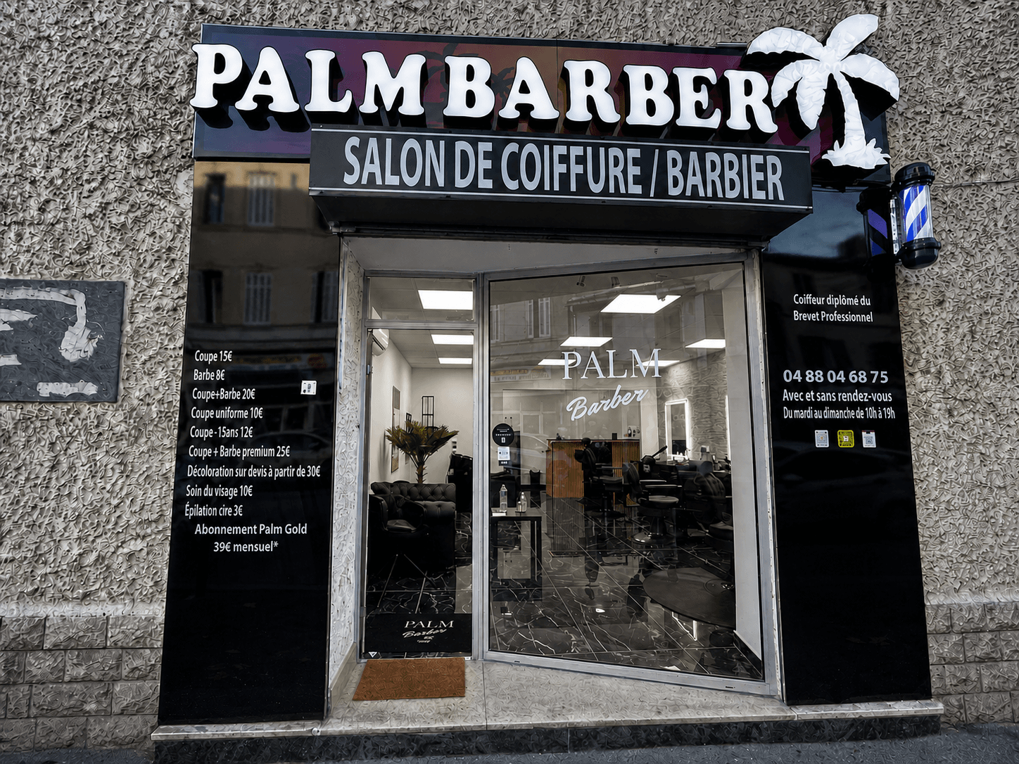 Devanture de Palm Barber Saint-Marcel